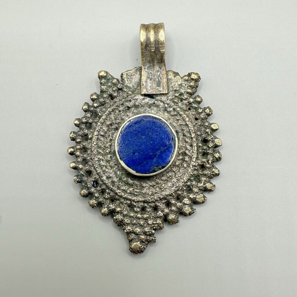 Antique Hand Made Stone Pendant India 1 1/2" Boho Western Unique Cobalt Blue